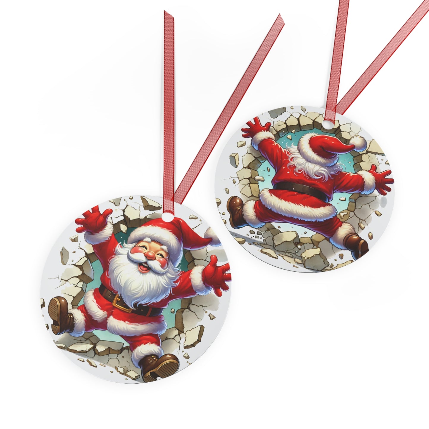 Santa Burst Through Metal Ornament (2 Sided)