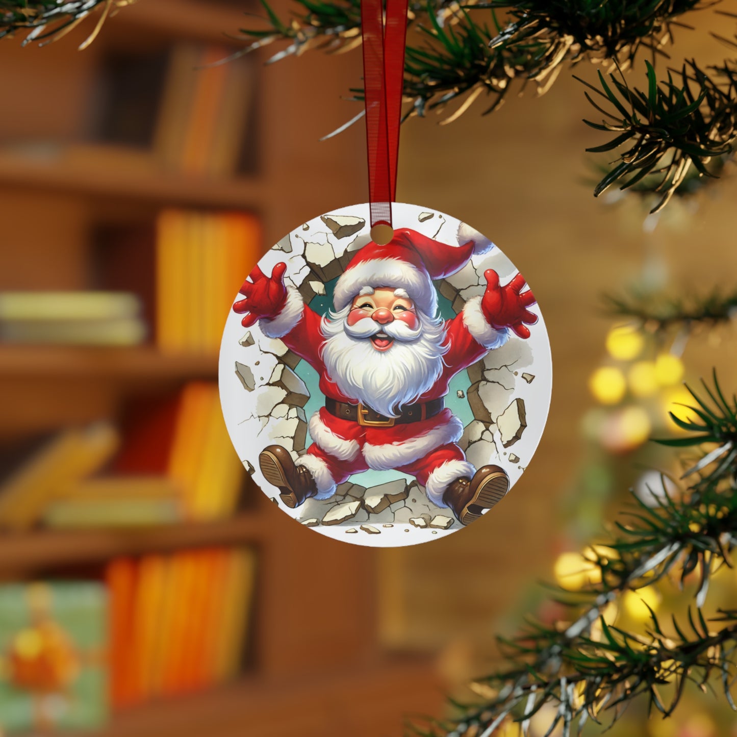 Santa Burst Through Metal Ornament (2 Sided)