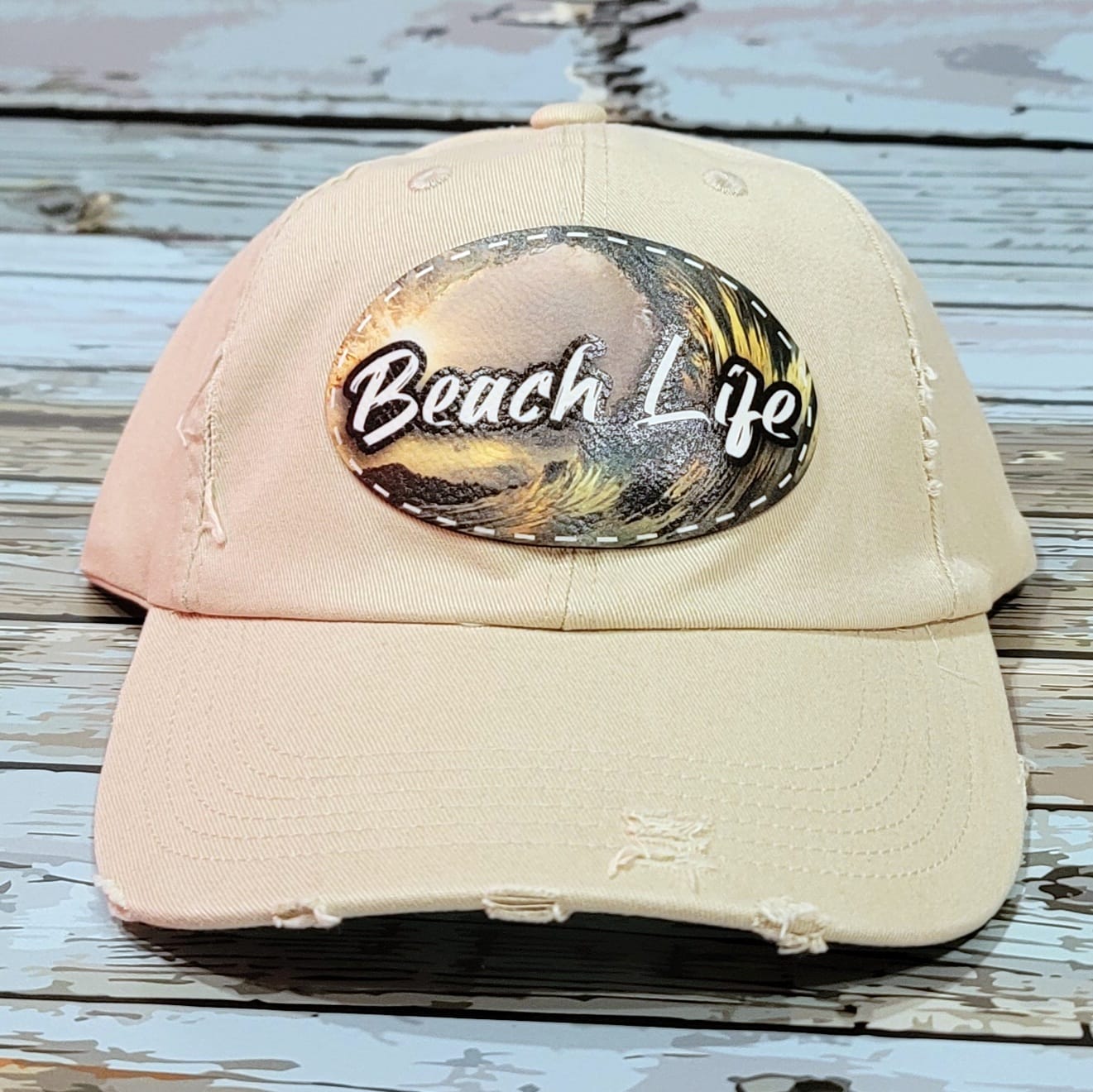 Baseball Cap - Distressed Beach Life w. Leatherette Patch Design