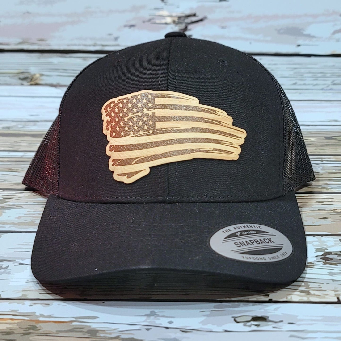 Baseball Cap - American Flag w. Leatherette Patch and Faux Wood Design