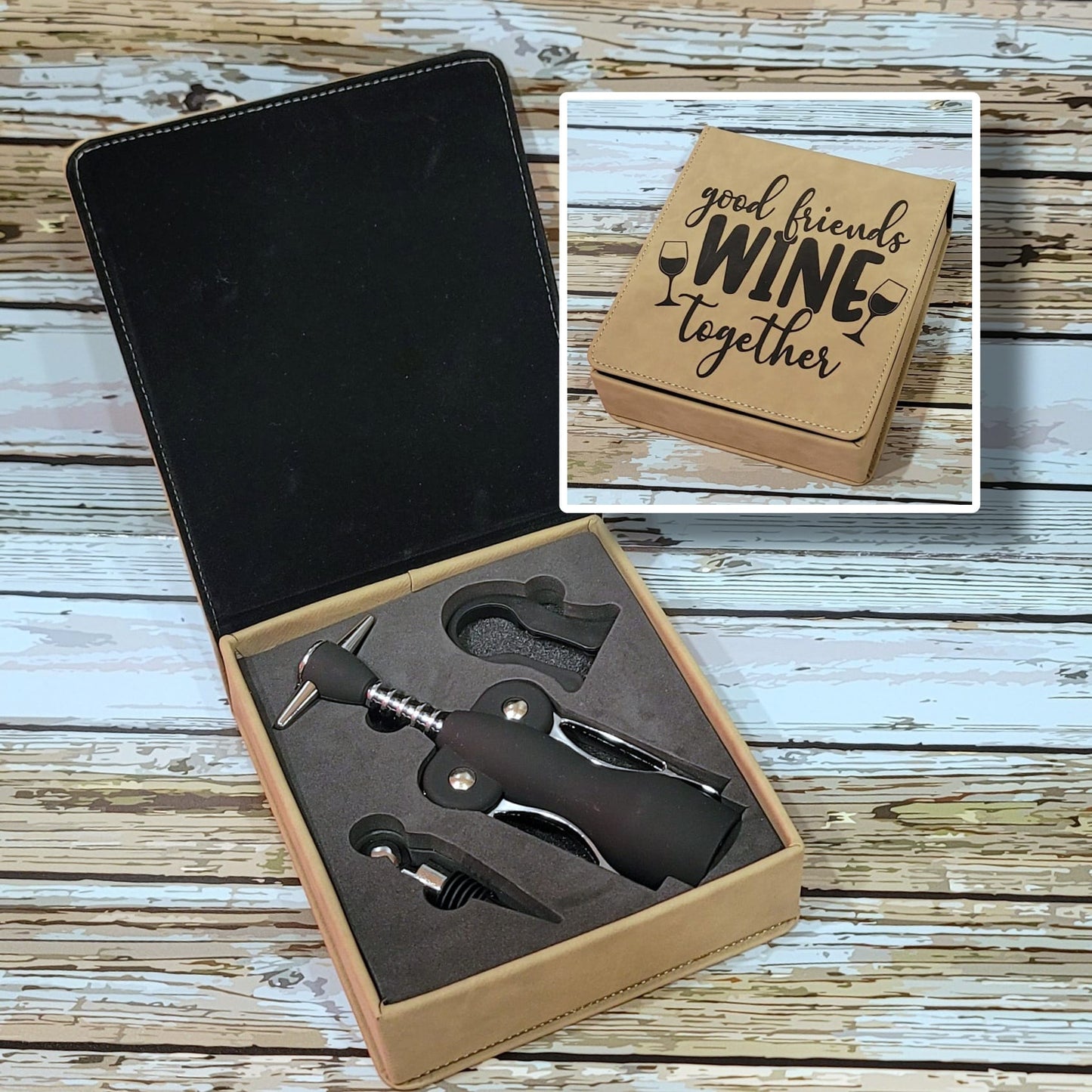 Leatherette Wine Opener 3 Piece Gift Set - Good Friends Wine Together